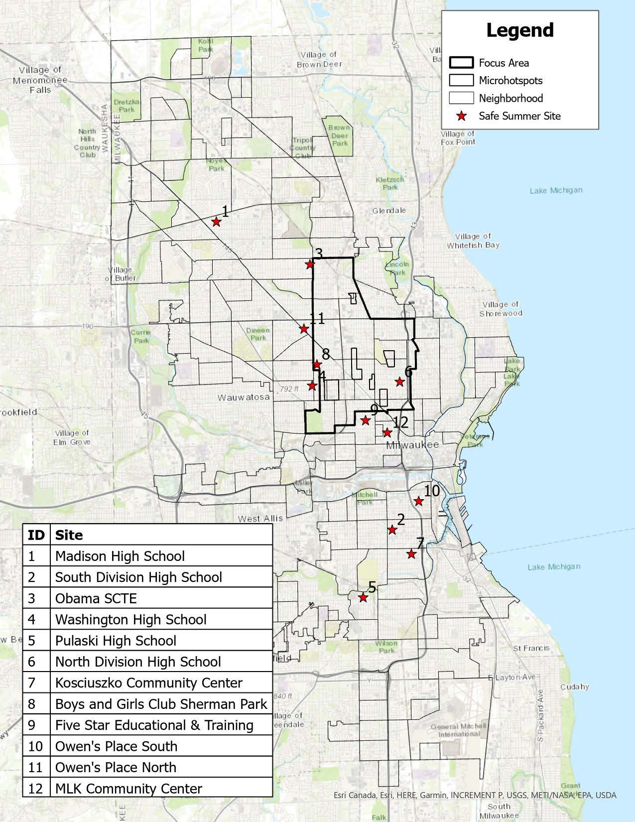 Report map showing the twelve numbered anchor locations across Milwaukee.
